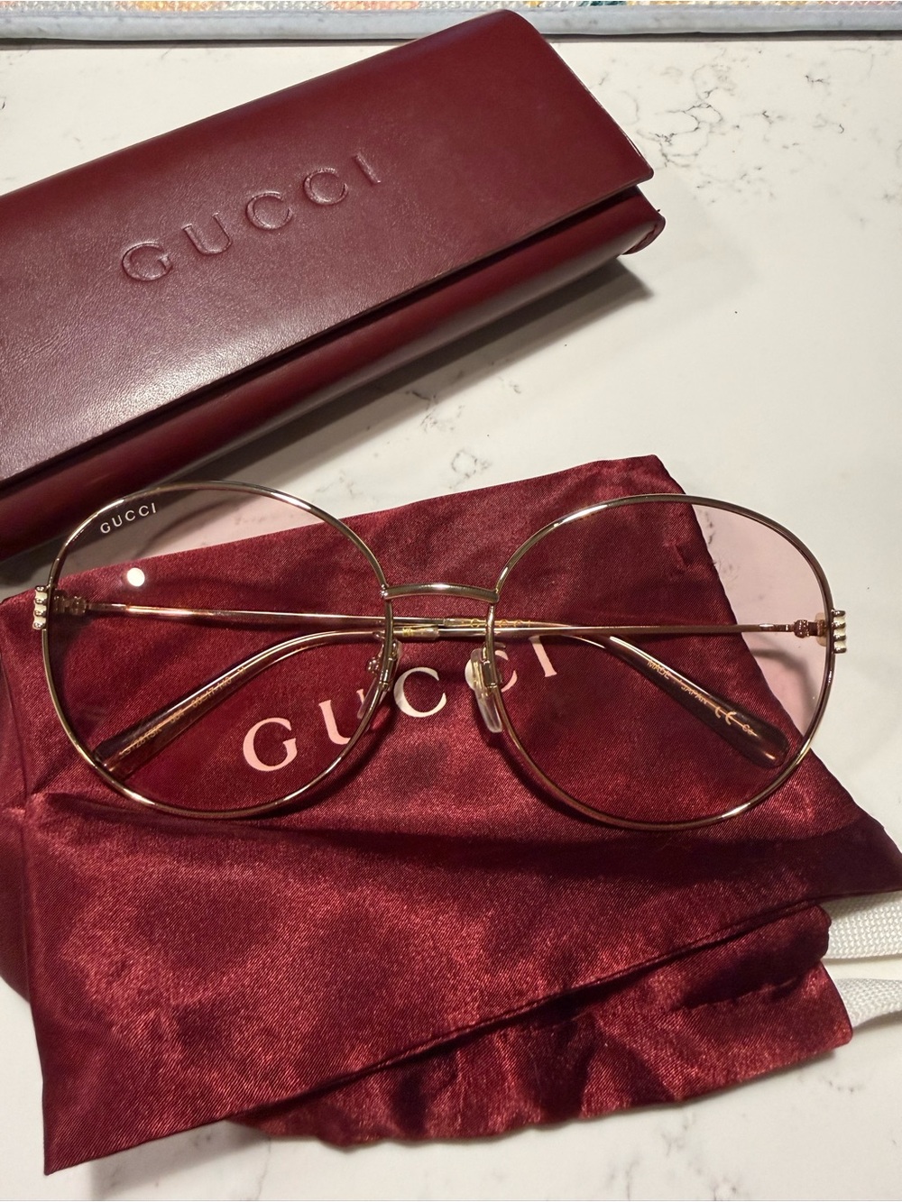 Gucci Gold Frame Light Pink Round Sunglasses with Branded Pouch